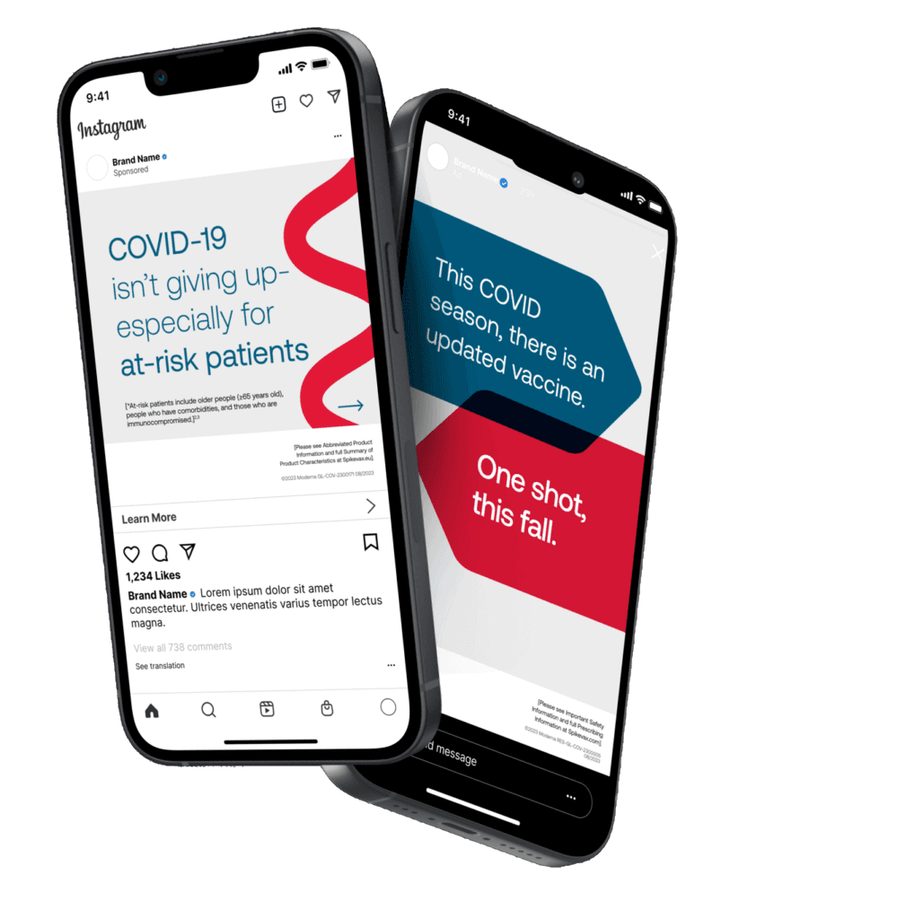 Two smartphones display Instagram posts about COVID-19, emphasizing updated vaccines and at-risk patients.