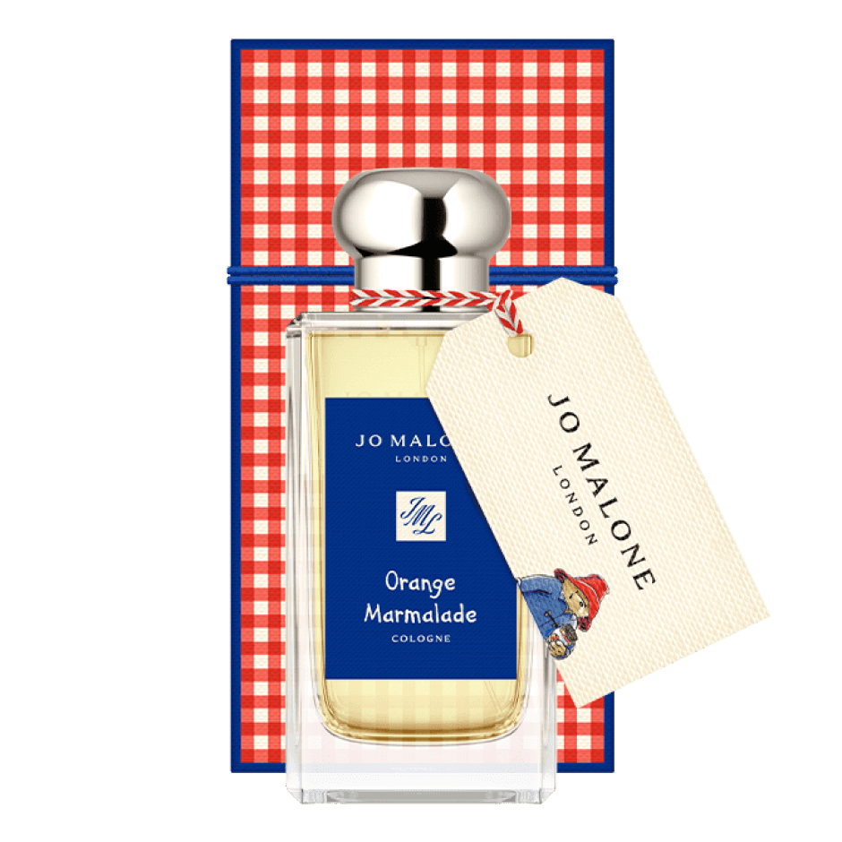 Cologne bottle labeled "Orange Marmalade" by Jo Malone, with a gingham-patterned box and a Jo Malone tag attached.